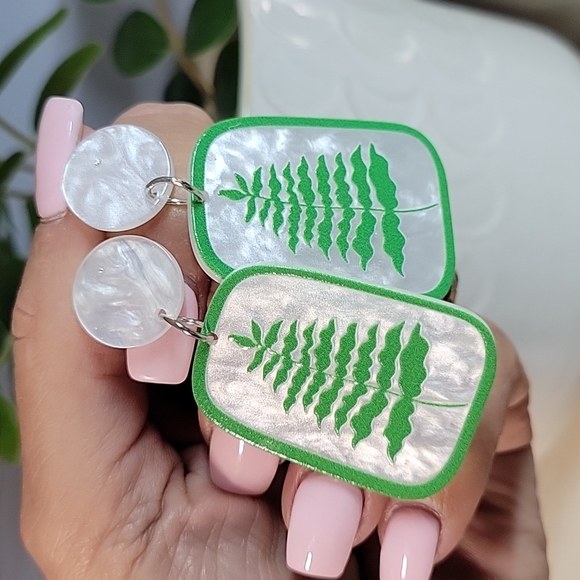 🔥LAST PAIR🔥 Fern Pearly Lucite Drop Earrings, S925 - Picture 4 of 5